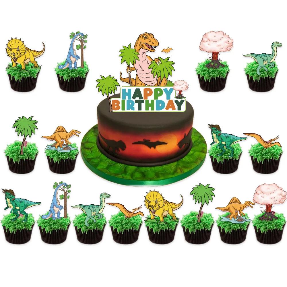 Dinosaur Cupcake Toppers Happy Birthday Cake Topper for Boys Kids Dino Theme Party Decorations Cake Cupcake Dessert